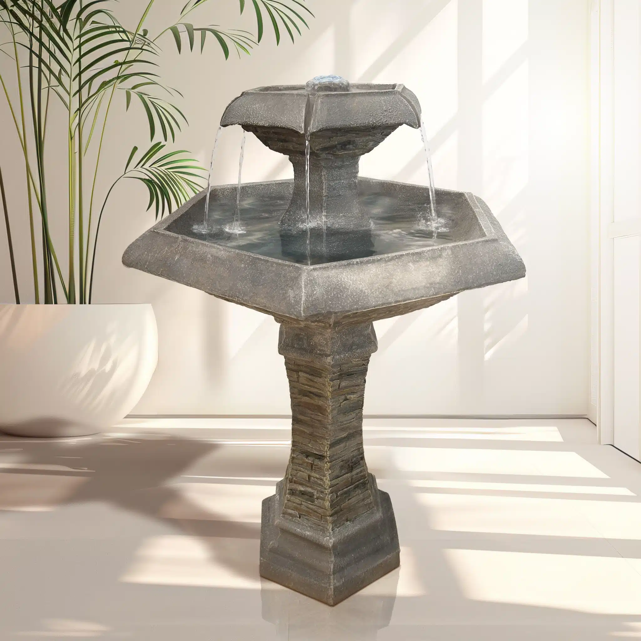 Elegant Hexagon Springvand med LED Lys til Haven