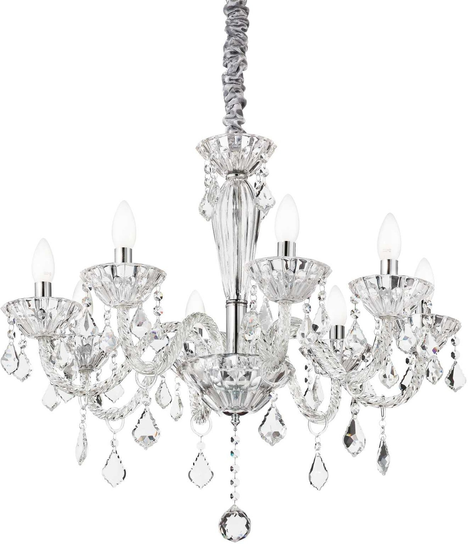 Pendel Lampe Ideal Lux Tiepolo ø70   Justerbar 80-140   Håndblæst Glas Krystalvedhæng Kromdetaljer