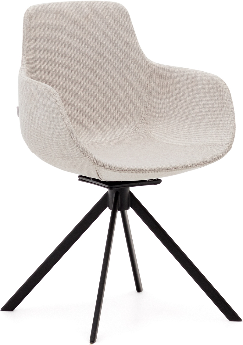 Spisebordsstol Med Armlæn Kave Home Tissiana Beige Polstret Drejelig Twill Stof Sort Stålben H46ã B55ã D55