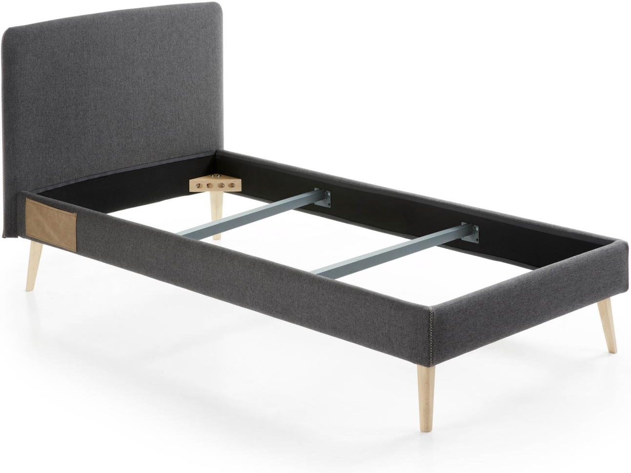 Sengeramme Til Enkeltseng Kave Home Dyla Sort Stof 90x190   Med Polstret Hovedgavl
