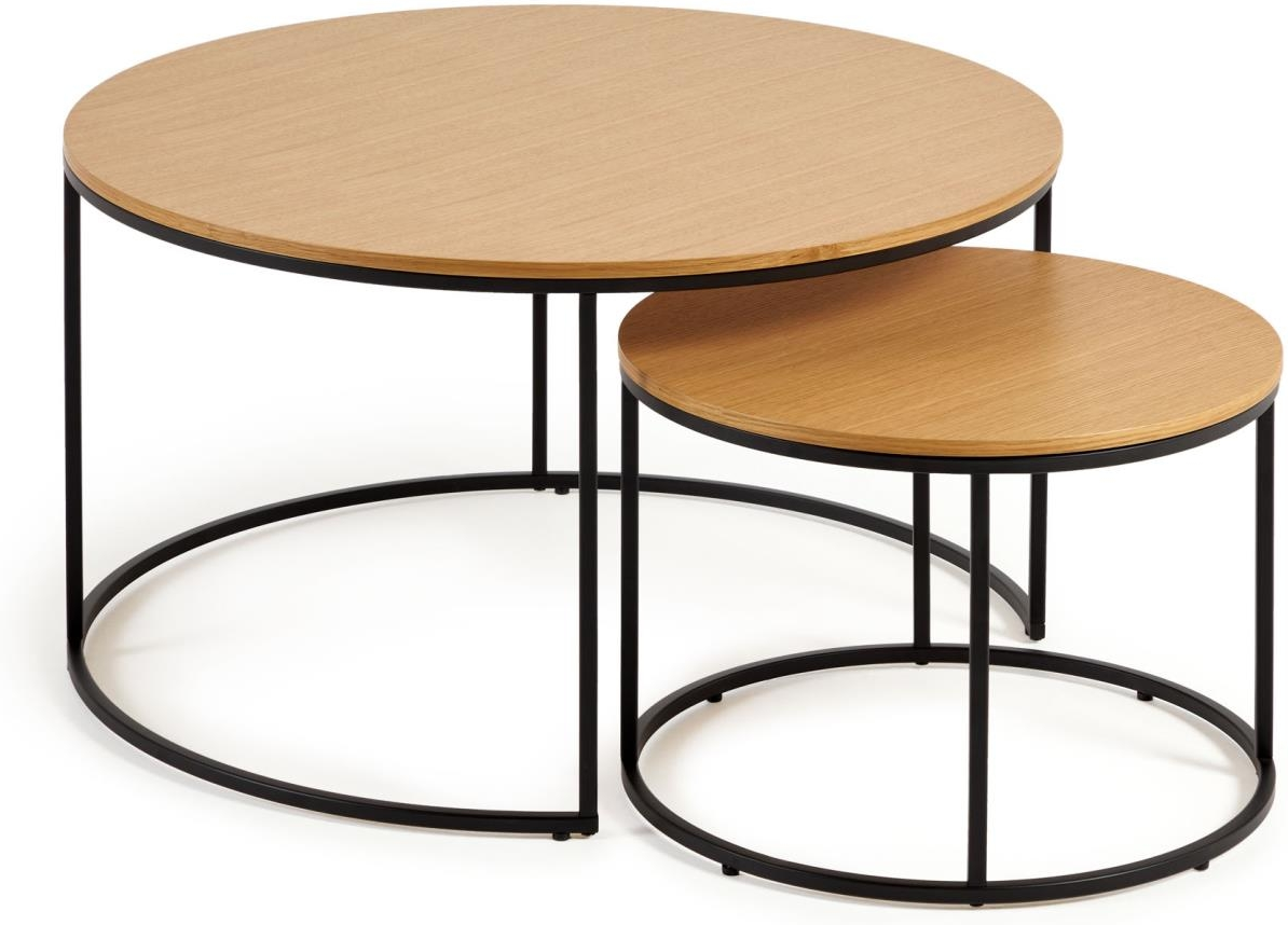 Sofabordssæt Kave Home Yoana   Dele Natur Egefiner   Mat Sort Metal ø80   H45