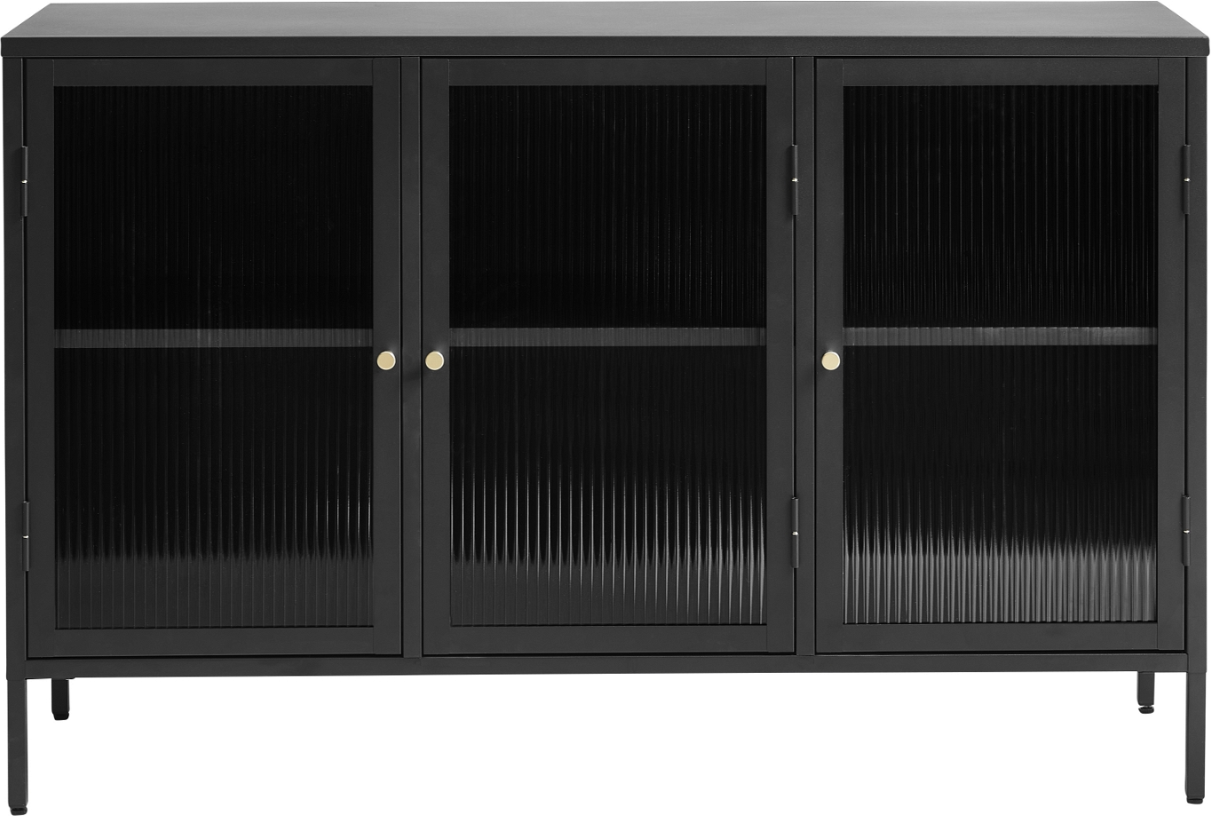 Skænk Nordique Design Bronco Sort Stål Med Rillede Glasdøre   Guldfarvede Håndtag H85xb132