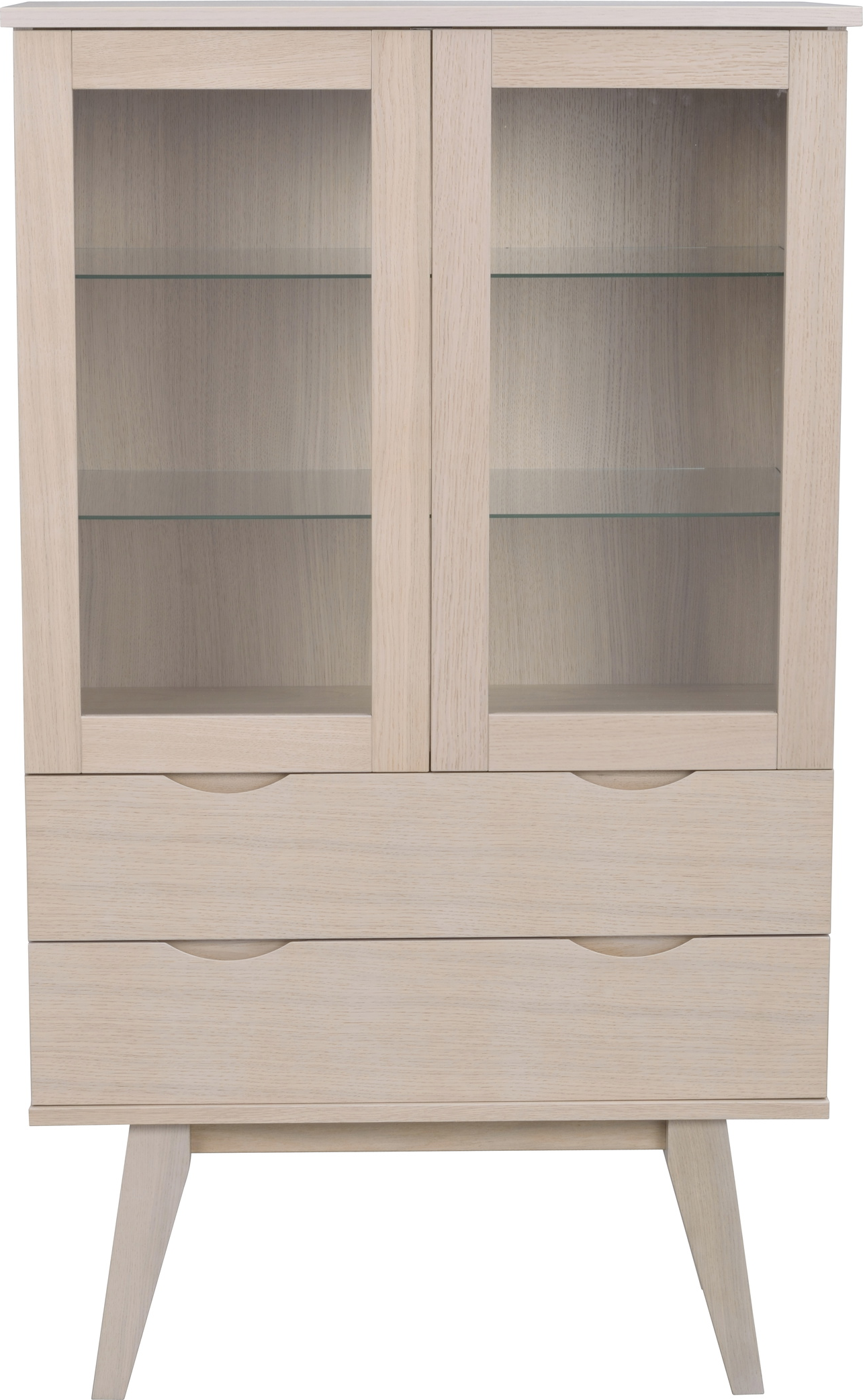 Vitrineskab Rowico Filippa Hvidkalket Egetræ Matlakeret 140x81x40   Med Justerbare Hærdede Glashylder   Soft-close Skuffer