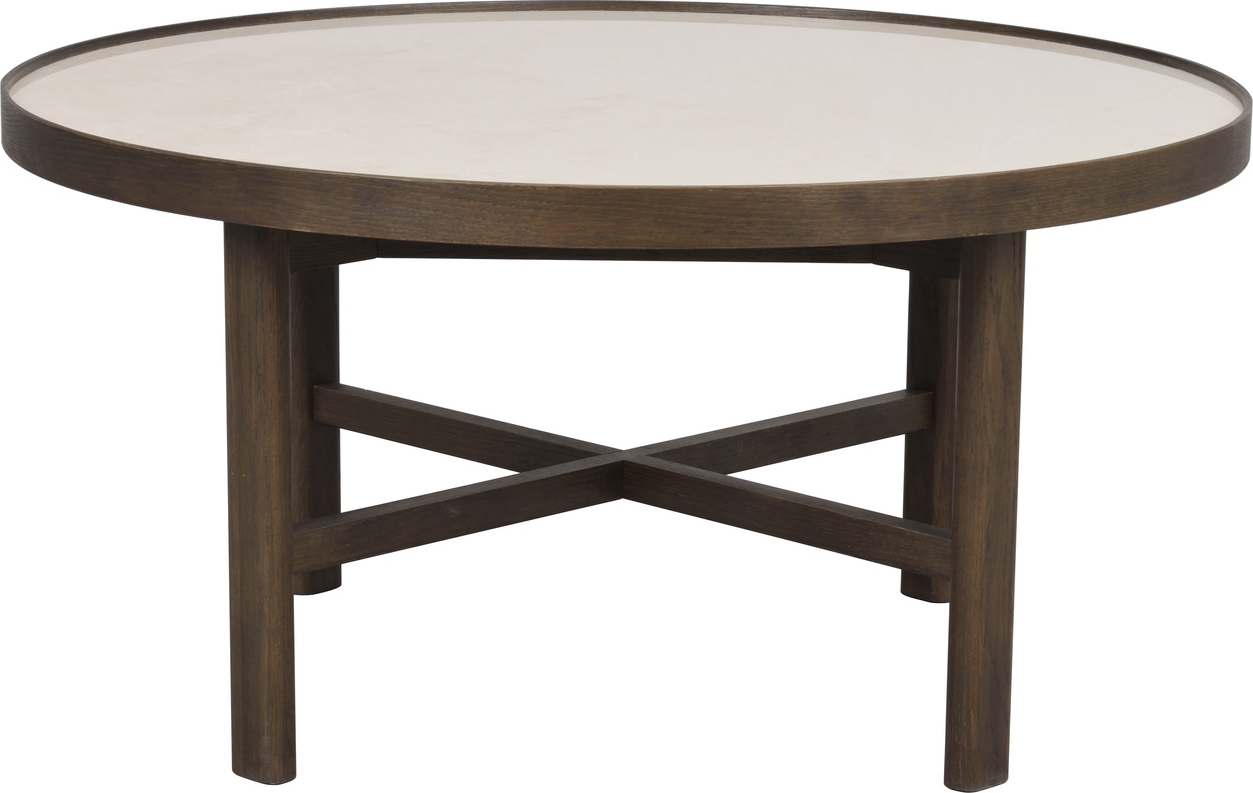 Sofabord Rowico Marsden ø90 H45 Beige Keramikbord Brun Lakeret Egetræ Rund
