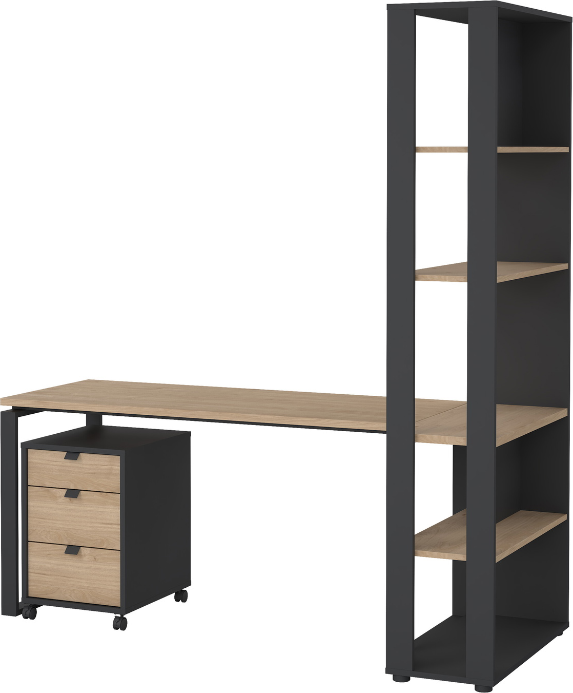 Skrivebord Med Mobilt Skab   Bogreol Vesterholm Formé  Spånplade  Jackson-hickory Matgrå  Skuffehåndtag   Stål  H205ã B184ã D80