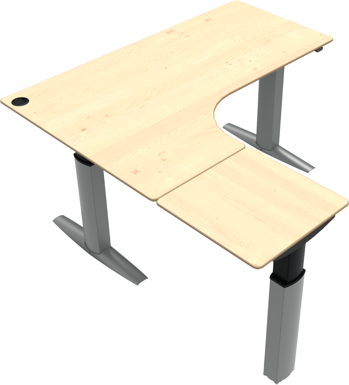 -form Tre-bens Hæve- Sænkebord Zennord Elevateline Venstrevendt 180x180   Ahorn Sølv