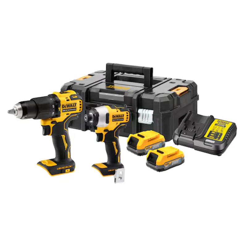 Dewalt 18v Powerstack Kombisæt Med Slagboremaskine  Slagskruetrækker        7ah Batterier   Lader  Tstak   Dck2062e2t-