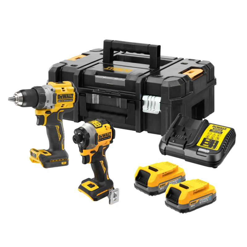 Dewalt 18v   Premium Kulløs Kombisæt Med Boremaskine   Slagskruetrækker Inkl  Powerstack Batterier   Dck2051e2t-