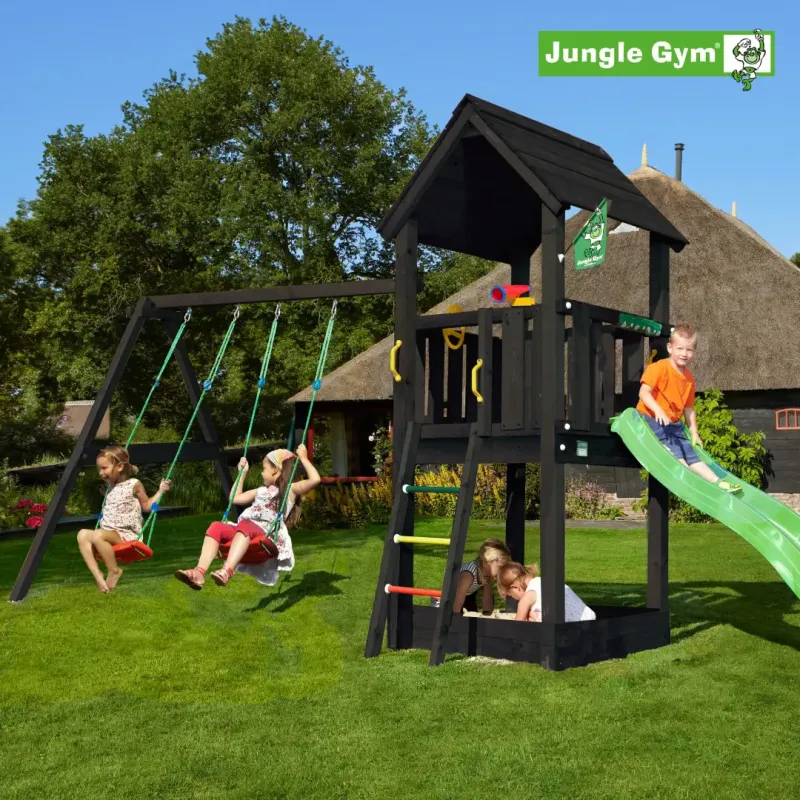 Jungle Gym Club Legetårn Komplet Inkl Swing Module Xtra Rutschebane Grundmalet Sort 806-284sx