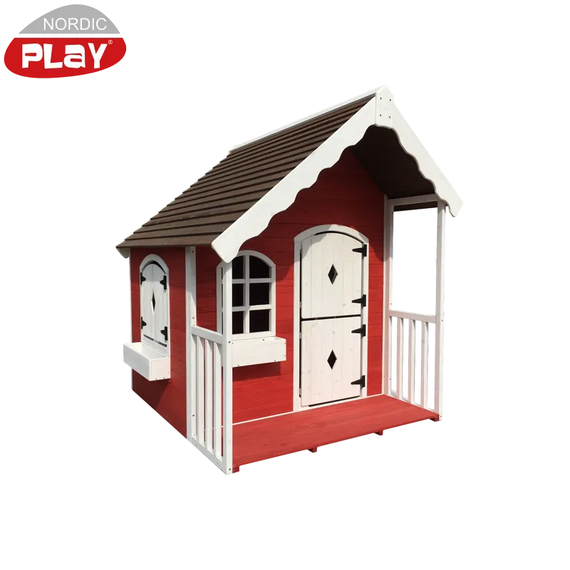 Legehus   Malet Træ Med Veranda  130x140x150   Rød Hvid