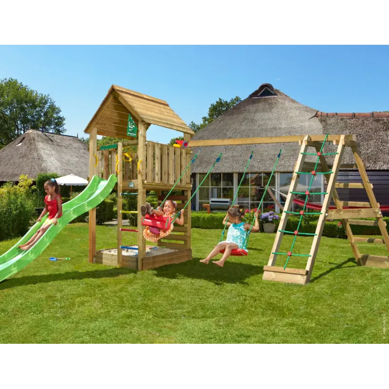 Legetårn Jungle Gym Cabin med Rutsjebane og Klatremodul