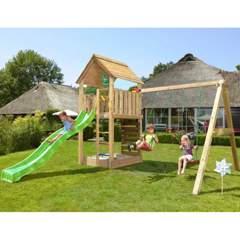 Legetårn Jungle Gym Cabin med Gyngemodul og Rutsjebane