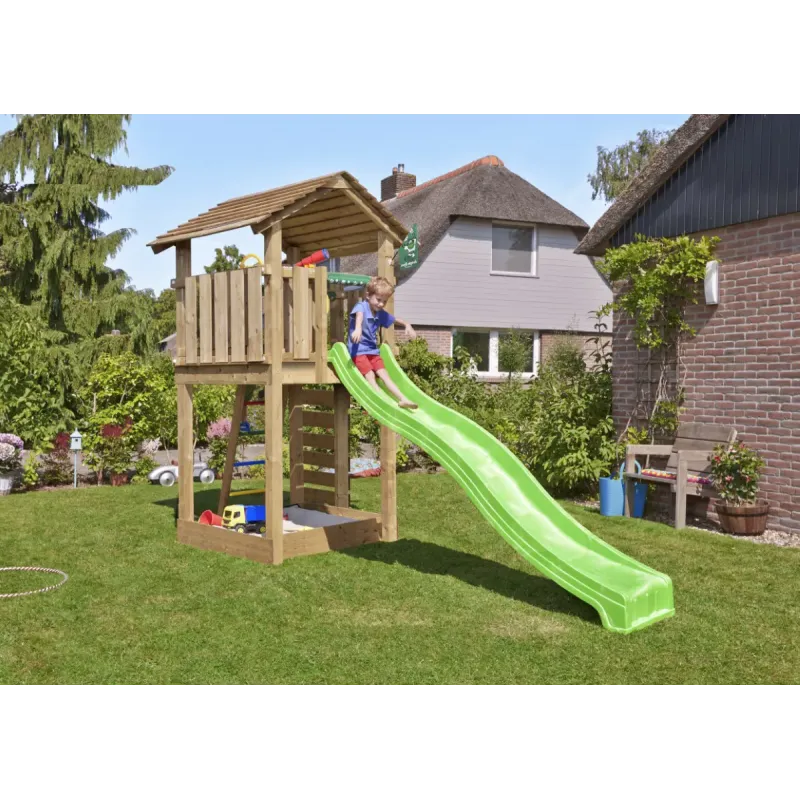 Legetårn Jungle Gym Cottage med Grøn Rutschebane - Tilbud!