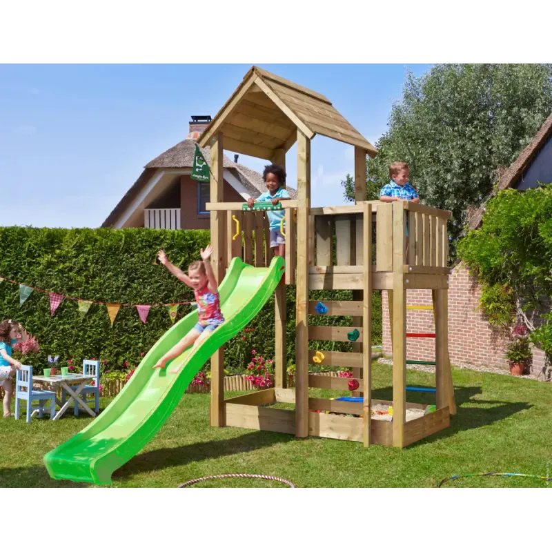 Legetårn Jungle Gym Mansion med Grøn Rutsjebane og Sand