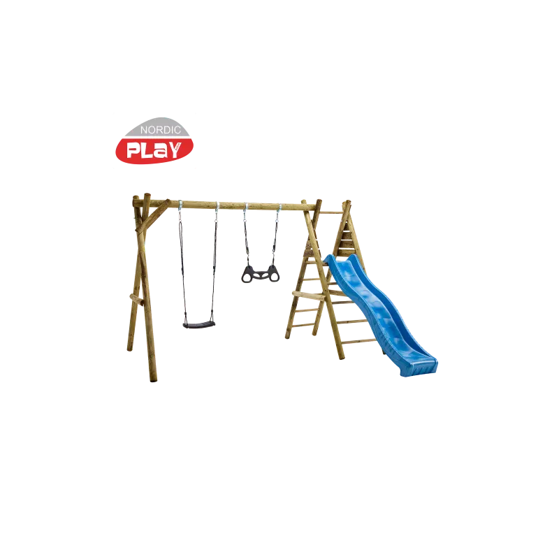 Nordic Play Gyngestativ 240   Med Platform     Sort Gynge     Sort Trapez Inkl  Blå Rutsjebane 805-628