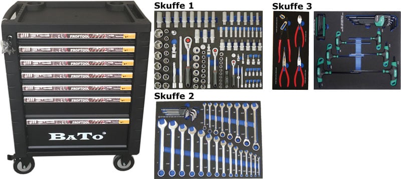 Bato Værktøjsvogn Tommer Med   Skuffer    Skuffer Med 156 Dele Værktøj  Model 9107-156t  Sort
