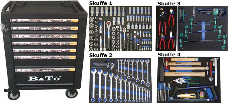 Bato Værktøjsvogn Tommer Med   Skuffer    Skuffer Med 175 Dele Værktøj  Model 9107-175t  Sort