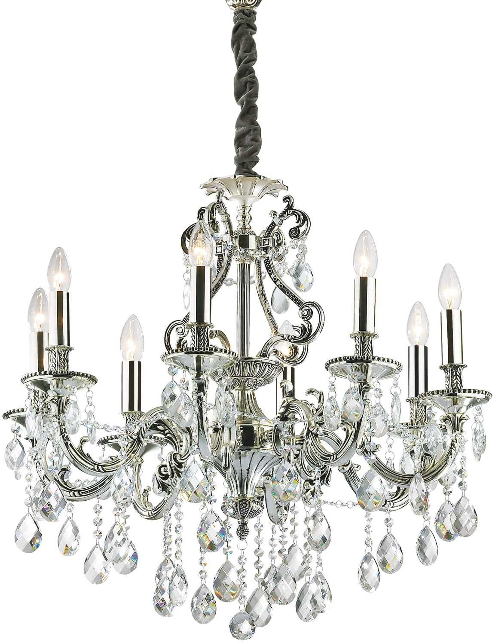 Pendellampe Ideal Lux Gioconda ø73   H95 120   8x E14 Antik Sølv Med Krystaller