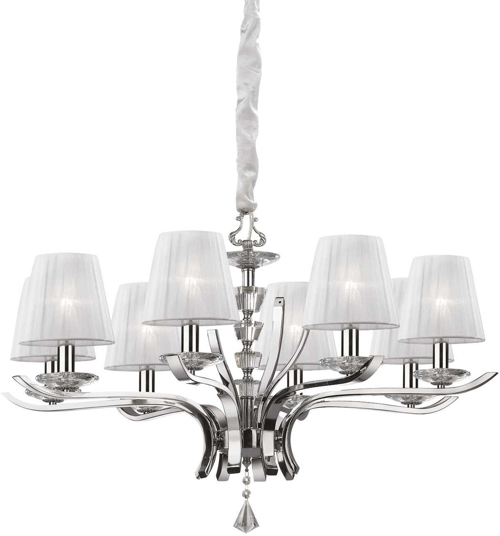 Pendellampe Ideal Lux Pegaso ø76   Justerbar Hvid Krom Loftlampe Med Organza-skærme   Krystaldetaljer