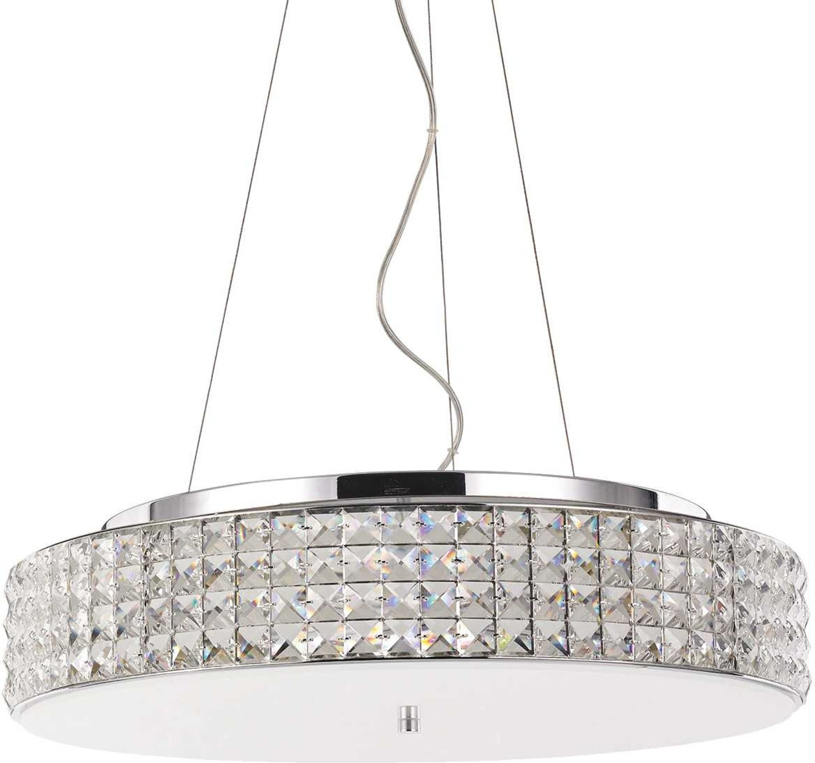 Pendel Lampe Ideal Lux Roma ø500   Hvid Krom Med Krystalelementer    G9-pærer   Justerbar Højde