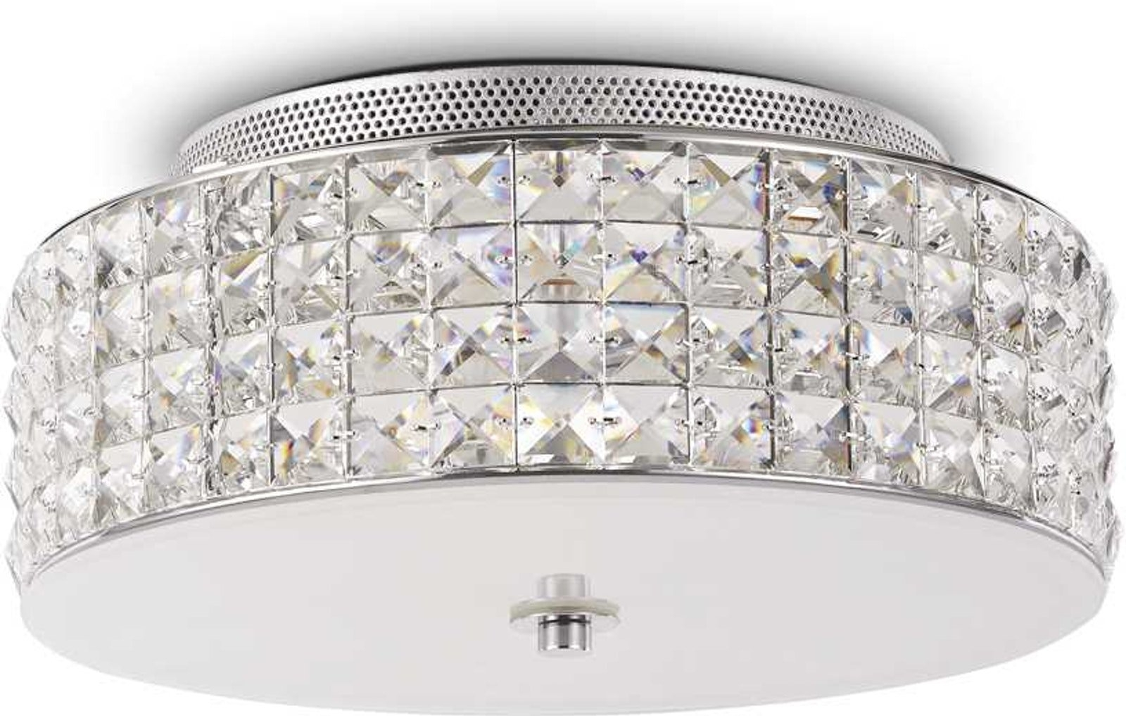 Loftslampe Ideal Lux Roma ø30   Hvid Krom Med Krystalelementer   Sandblæst Bundglas