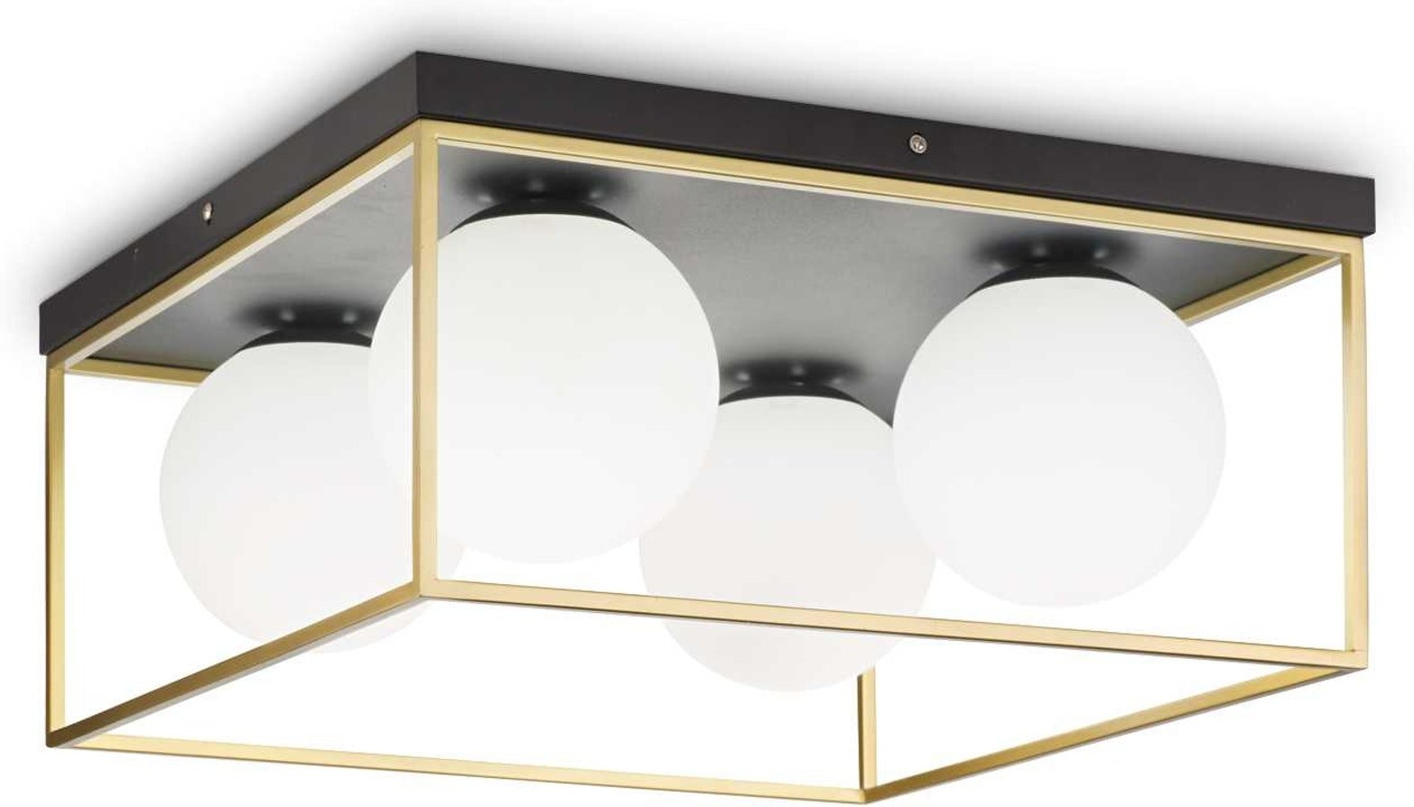 -armet Loftslampe Ideal Lux Lingotto Matsort Mat Messing Med Fire Hvide Glasdiffusorer 45 5x45 5x21