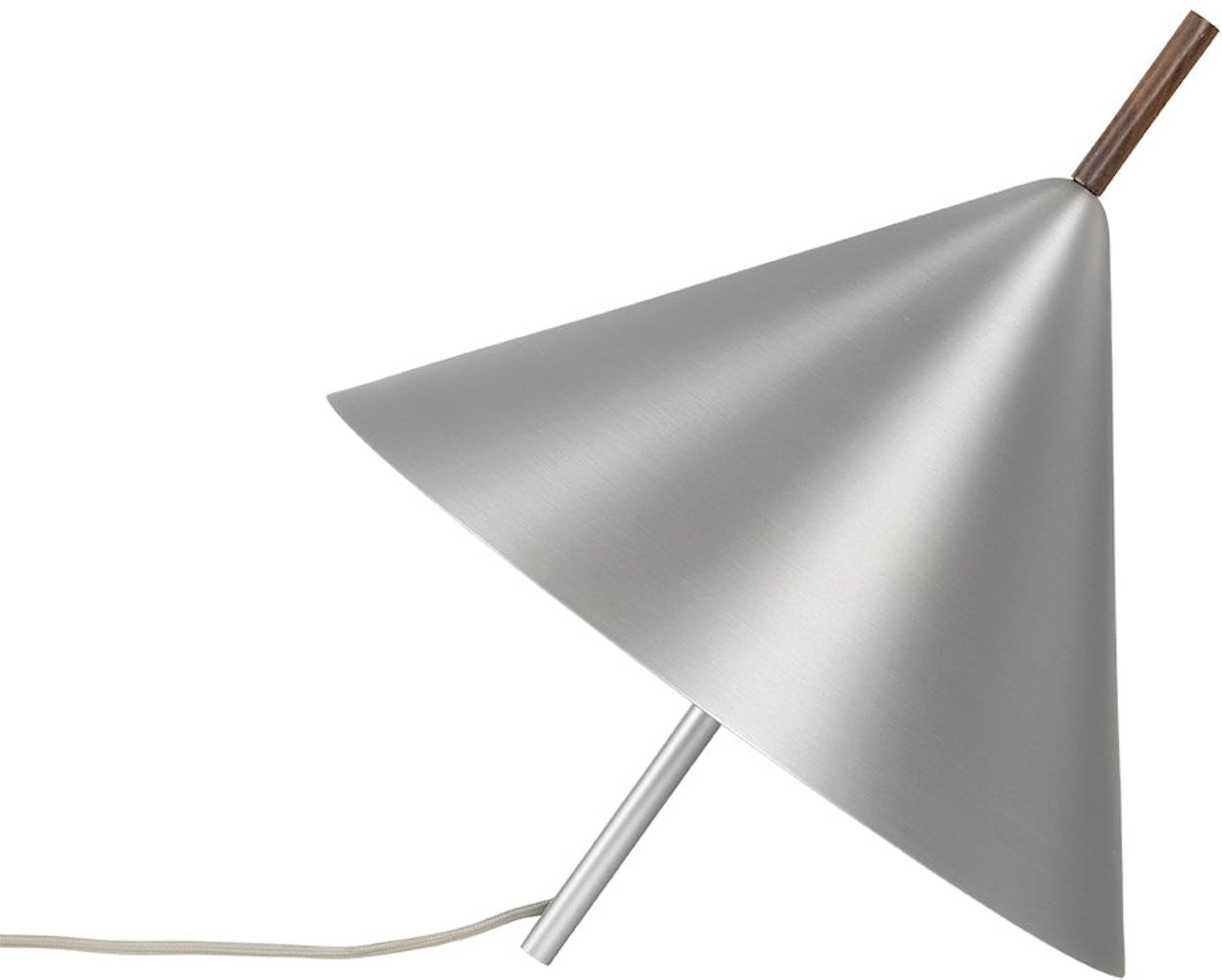Bordlampe Kristina Dam Cone Skulpturel Snurretop   Børstet Aluminium   Massivt Valnød ø40   H40   Sølv
