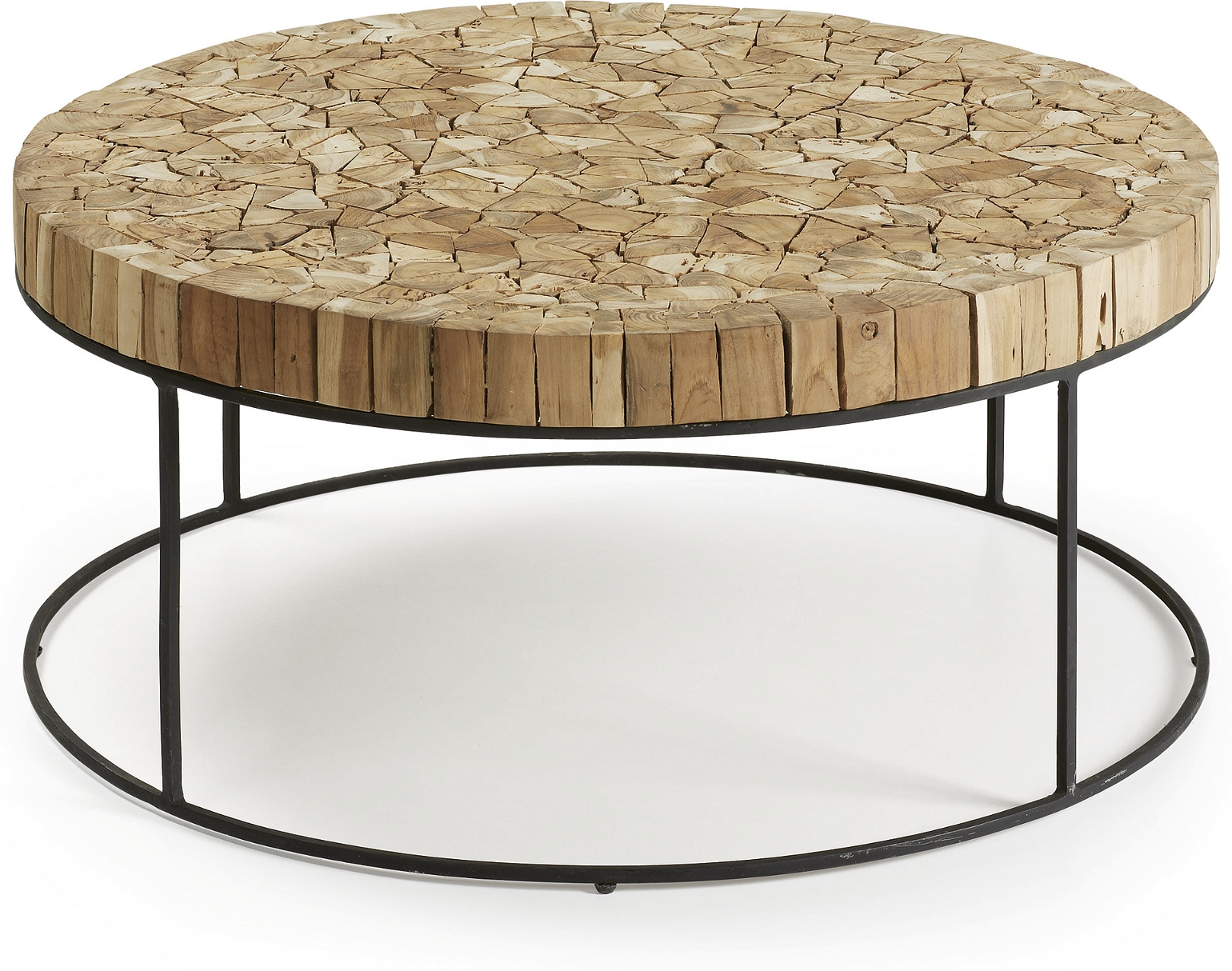 Kaffebord Kave Home Solo   Massivt Genanvendt Teaktræ Sofabord  80x80x35   Rustik Kolonial  Sort Pulverlakeret Stål