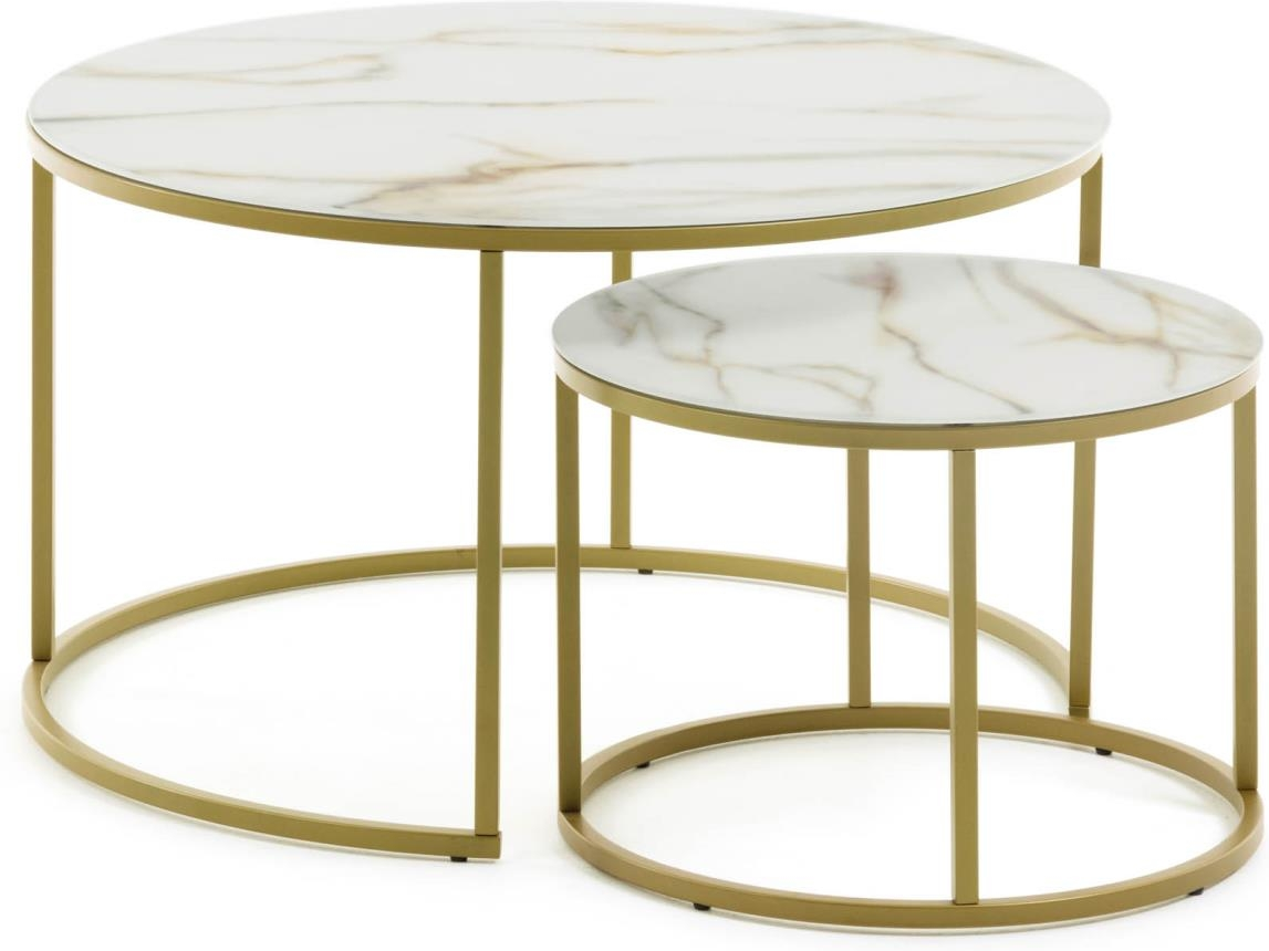 Elegant Sofabord Sæt i Hvid Guld med Marmorfinish