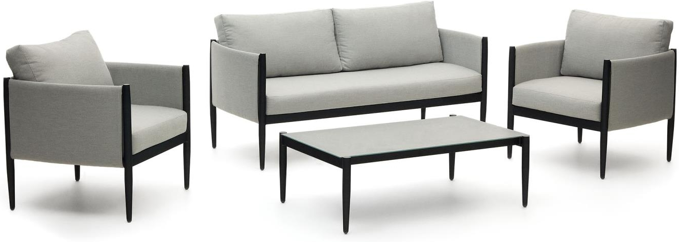 Udendørs Loungesæt i Aluminium og Teak med Grå Puder