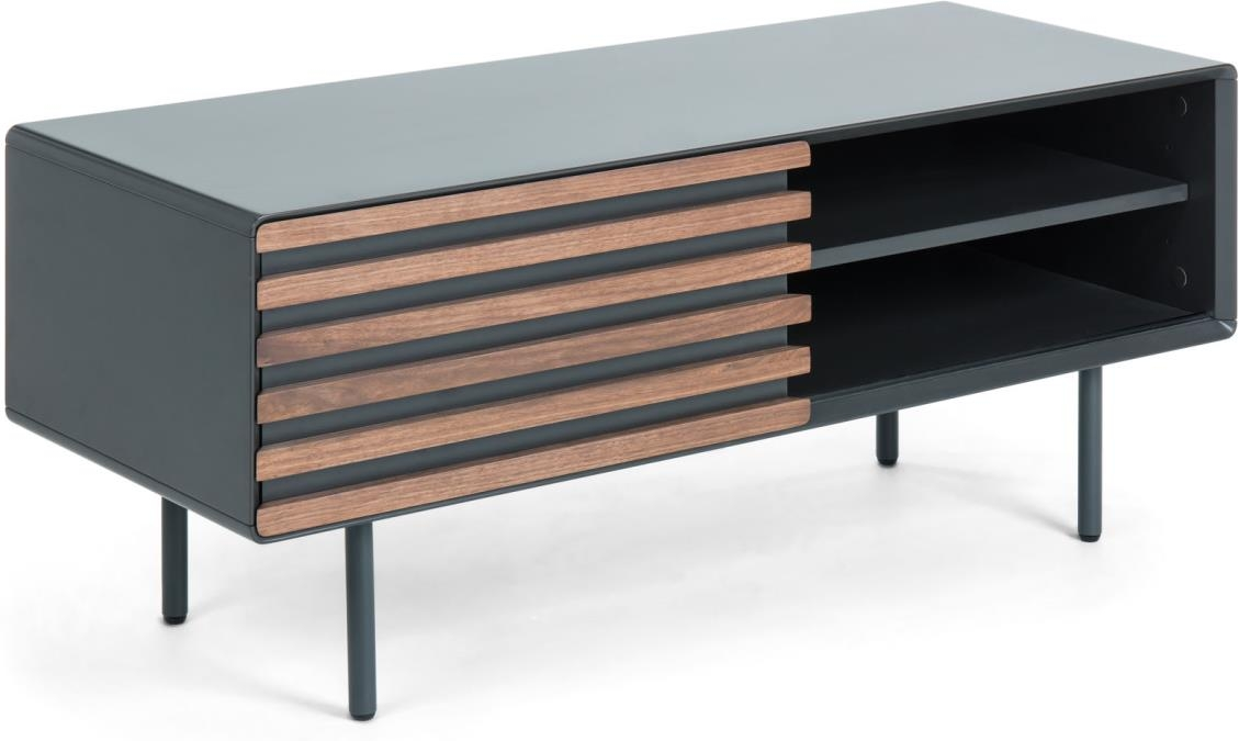 -bord Kave Home Kesia Sort Natur  Moderne Vintage Mat Grafitlakeret Mdf Med Valnøddefiner   Stålben  Kabelstyring  Soft-close  120x45x48