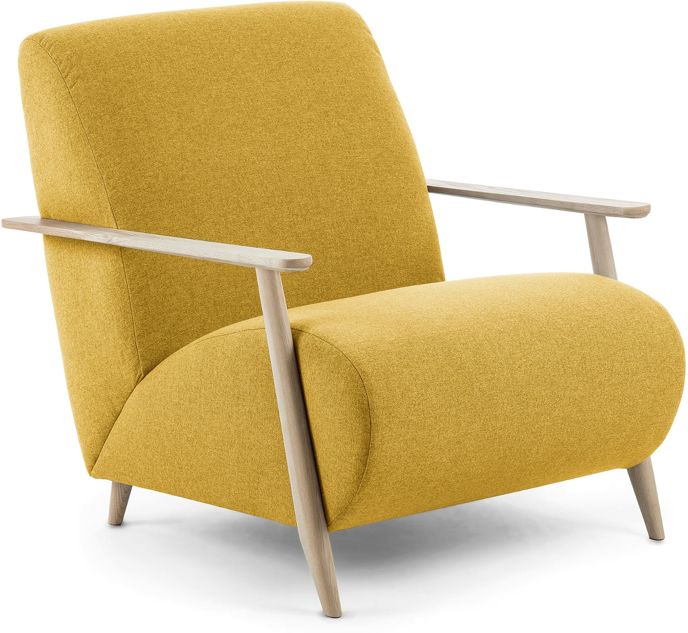 Lænestol Kave Home Meghan Nordisk Design Sennepsgul Polstret Teflon-betrukket Bæredygtigt Asketræ Armlæn H78ã B77ã L83