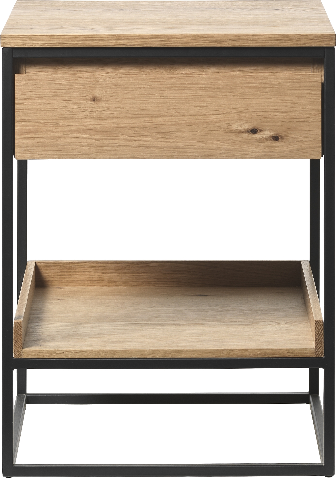 Sidebord Nordique Design Rivoli Til Stuen H60xø45   Natur Egetræ Sort Metal Med Skuffe   Hylde