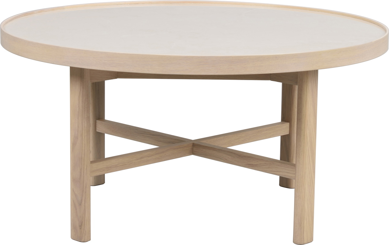 Rundt Sofabord   Kaffebord Rowico Marsden   Beige Keramisk Sten   Hvidvasket Egetræ ø90   H45