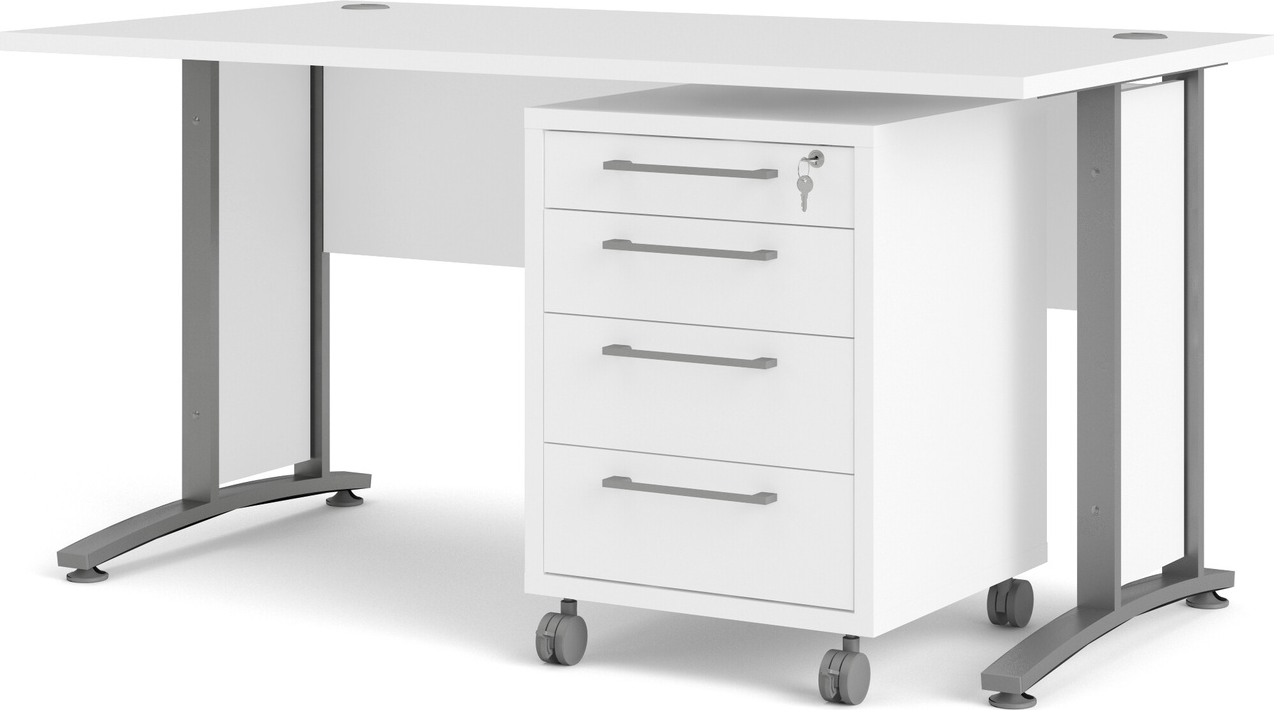 Skrivebord Vesterholm Prima 150x80 Hvid Melamin Med Mobil Kassette Låsbare Hjul Stål Plast Ben Dansk Design