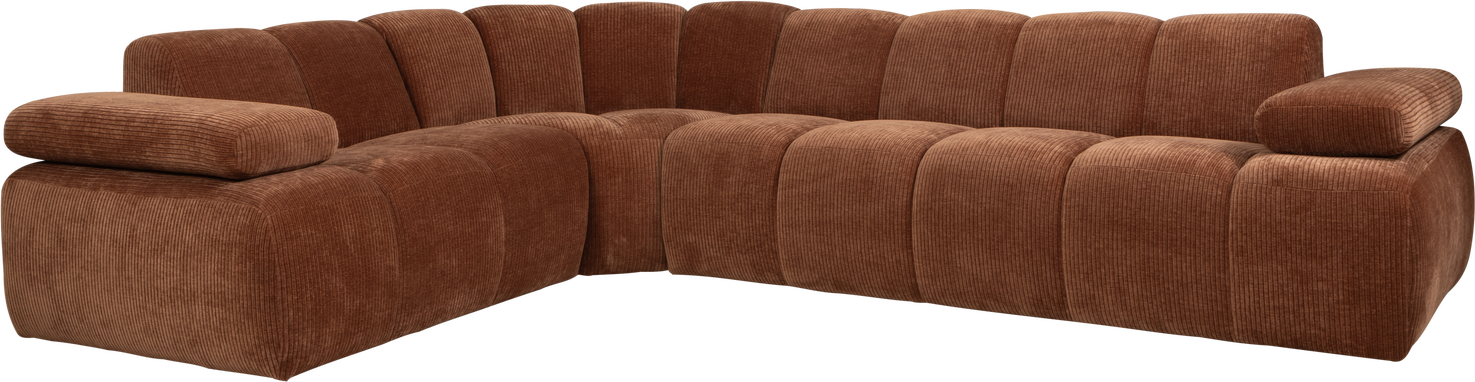 Hjørnesofa Woood Mojo Venstrevendt  Rustbrun Ribstof 310x230    Blød Fløjlsagtig Jacquardvævet  Med Justerbare Armlæn