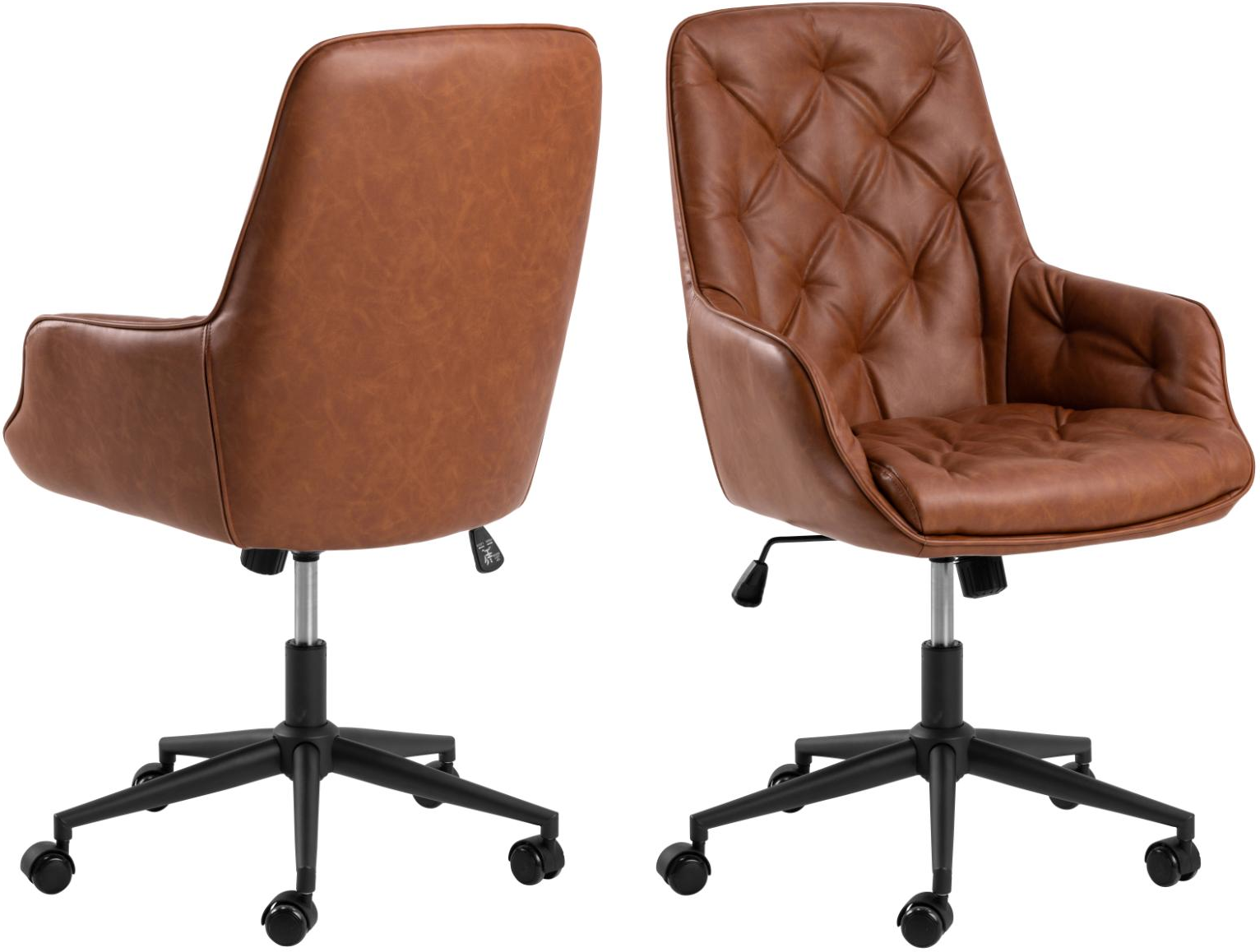 Kontorstol Signature Erla    -læder Retro Cognac   Mat Sort  Polstret  Drejefunktion  Hjul  Brandhæmmende
