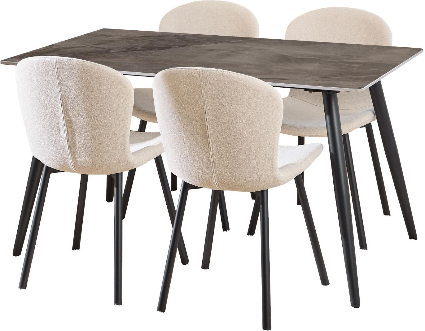 Spisebordssæt Signature Vardo   Bord    Stole  Poleret Grå Batis-keramik Bordplade  Beige Apia-stof Stole  Mat Sort Stål