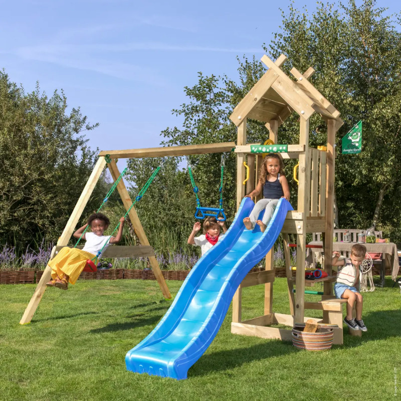 Jungle Gym Totem Legetårn 275   354   318   Med  -swing Module 200   Blå Rutsjebane