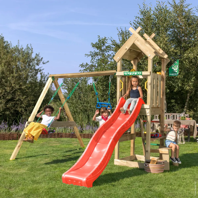Jungle Gym Totem Legetårn 275   354   318   Med  -swing Module 200   Rød Rutsjebane