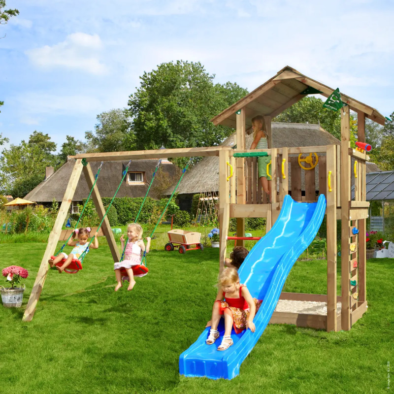 Jungle Gym Chalet     Legetårn 315   403   428   Med  -swing Module 220  Blå Rutsjebane   120   Sand