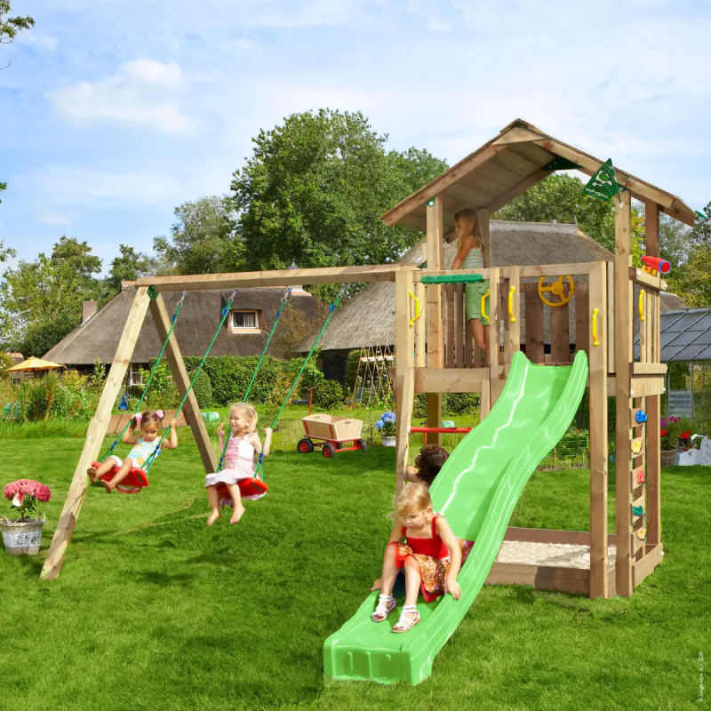 Jungle Gym Chalet     Legetårn 315   403   428   Med  -swing Module 220  Grøn Rutsjebane   120   Sand